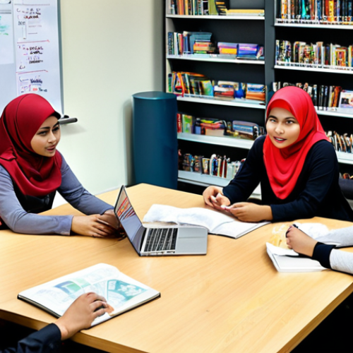 **A vibrant study group of Malaysian students, some wearing hijabs, collaborating on transport-related exam questions in a modern library setting. Books and laptops are scattered around, with a whiteboard showing a mind map of transport policies in Bahasa Melayu.**