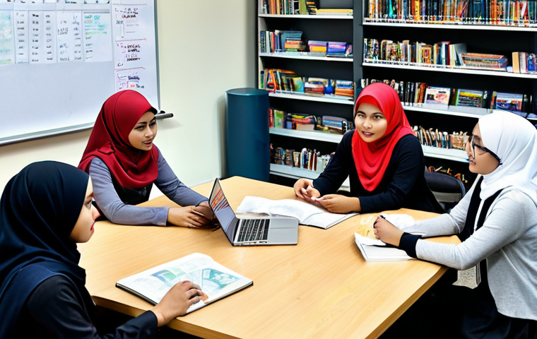 **A vibrant study group of Malaysian students, some wearing hijabs, collaborating on transport-related exam questions in a modern library setting. Books and laptops are scattered around, with a whiteboard showing a mind map of transport policies in Bahasa Melayu.**
