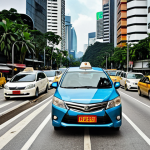 **A busy Kuala Lumpur street scene showcasing the e-hailing phenomenon in Malaysia. Feature a diverse range of cars acting as e-hailing vehicles, alongside traditional taxis, highlighting the competition and changing transportation landscape. Emphasize the challenges faced by e-hailing drivers due to rising fuel costs and intense competition.**