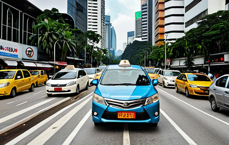 **A busy Kuala Lumpur street scene showcasing the e-hailing phenomenon in Malaysia. Feature a diverse range of cars acting as e-hailing vehicles, alongside traditional taxis, highlighting the competition and changing transportation landscape. Emphasize the challenges faced by e-hailing drivers due to rising fuel costs and intense competition.**