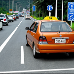 ** A safe and responsible driver demonstrating a perfect parallel parking maneuver during a driving test in Malaysia. Include local Malaysian road signs and scenery.

**