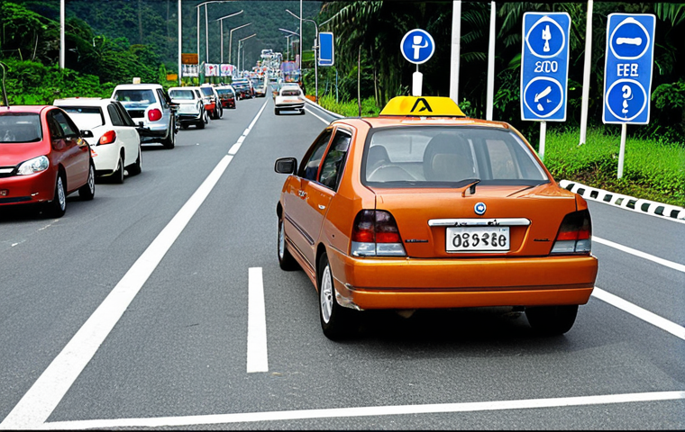** A safe and responsible driver demonstrating a perfect parallel parking maneuver during a driving test in Malaysia. Include local Malaysian road signs and scenery.
**