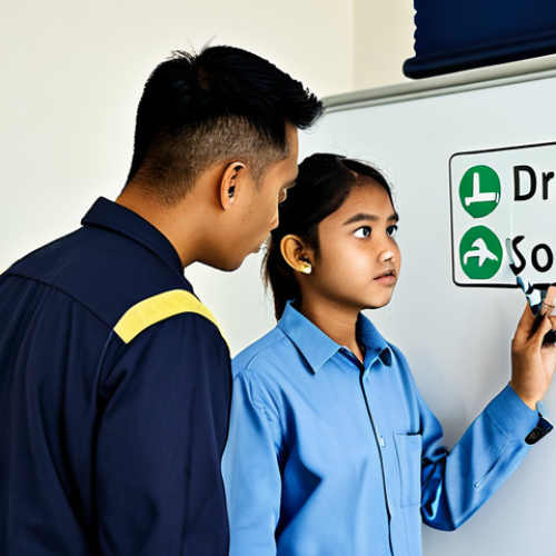 Safe Driving Awareness**

"A fully clothed, professional Malaysian driving instructor is shown teaching a young adult student about road safety using a whiteboard with traffic signs in a modern driving school classroom, appropriate attire, safe for work, perfect anatomy, natural proportions, professional photography, high quality, family-friendly"

**