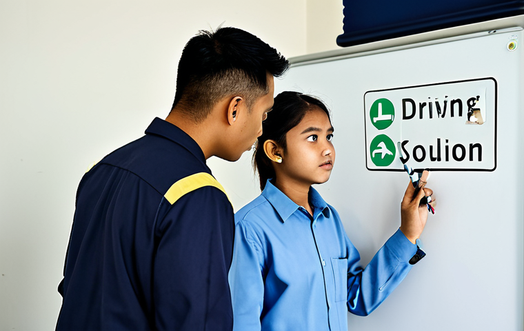 Safe Driving Awareness**

"A fully clothed, professional Malaysian driving instructor is shown teaching a young adult student about road safety using a whiteboard with traffic signs in a modern driving school classroom, appropriate attire, safe for work, perfect anatomy, natural proportions, professional photography, high quality, family-friendly"

**