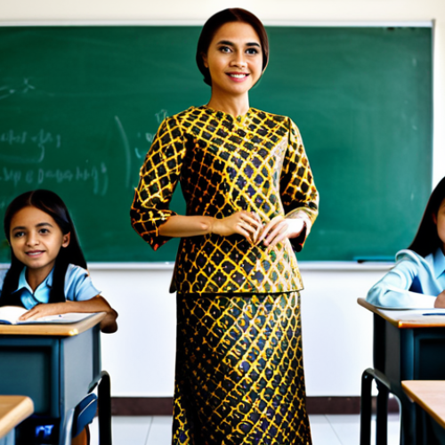 **

A professional female teacher, fully clothed in a modest baju kurung with a batik print, standing in a bright, modern classroom. Students are at their desks, focused on their work. "Selamat Pagi" written on the whiteboard. Perfect anatomy, correct proportions, natural pose, professional, modest, family-friendly, appropriate content, safe for work, high quality.

**