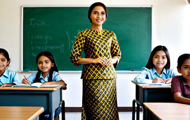 **

A professional female teacher, fully clothed in a modest baju kurung with a batik print, standing in a bright, modern classroom. Students are at their desks, focused on their work. "Selamat Pagi" written on the whiteboard. Perfect anatomy, correct proportions, natural pose, professional, modest, family-friendly, appropriate content, safe for work, high quality.

**
